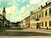 Duga ulica, danas Turkulinova ulica s pogledom na Petrinjsku štedionicu i crkvu sv. Spiridona, snimljeno 1912. godine